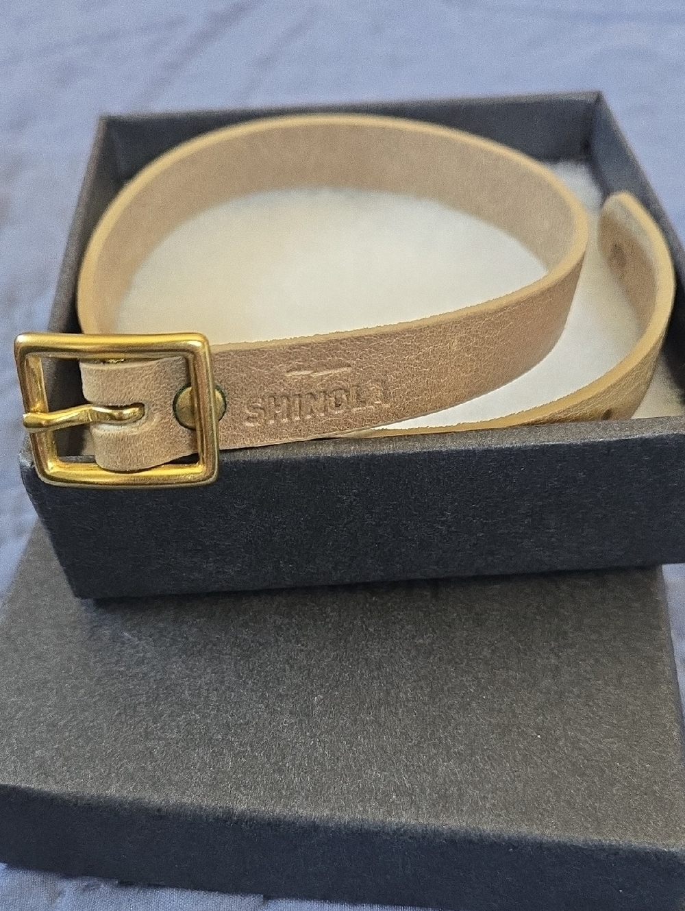 Shinola Tan Leather Wrap Bracelet with Brass Buckle